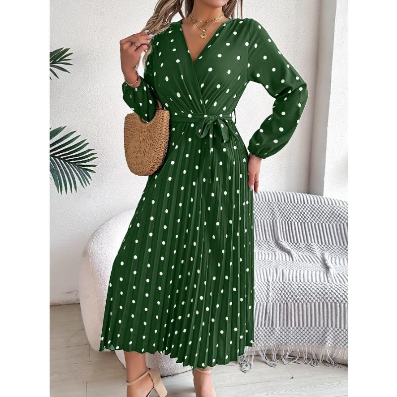 VEZFAA Women's Fashion Spring Fall Polka Dot Print Long Sleeve V-Neck High Waist Casual Dresses