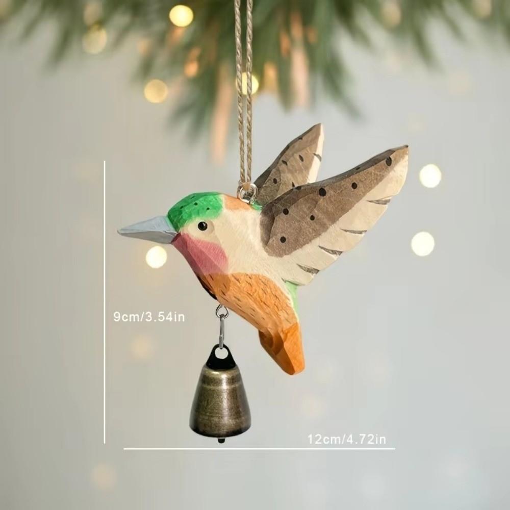 Hand-Carved Hummingbird Figurine Wooden Wood Grain Flying Bird Sculpture with Bell with Soothing Sound Wind Chime Pendant