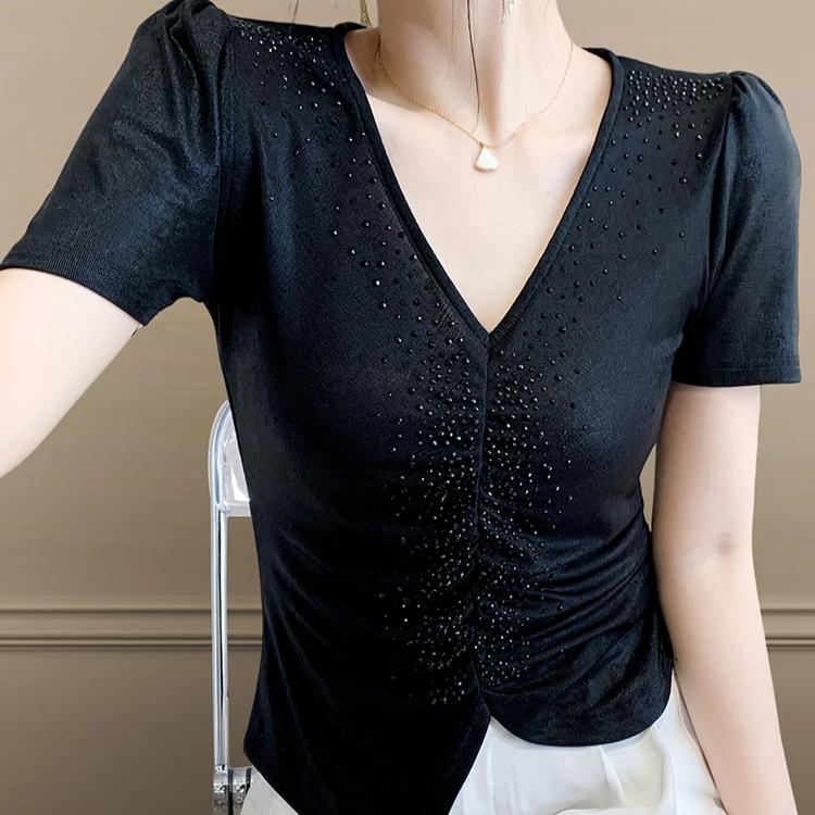 Tricou de vară sexy cu gât în V, streetwear, pentru femei, șic, de lux, cu diamante fierbinți, slim, topuri elegante cu mânecă scurtă