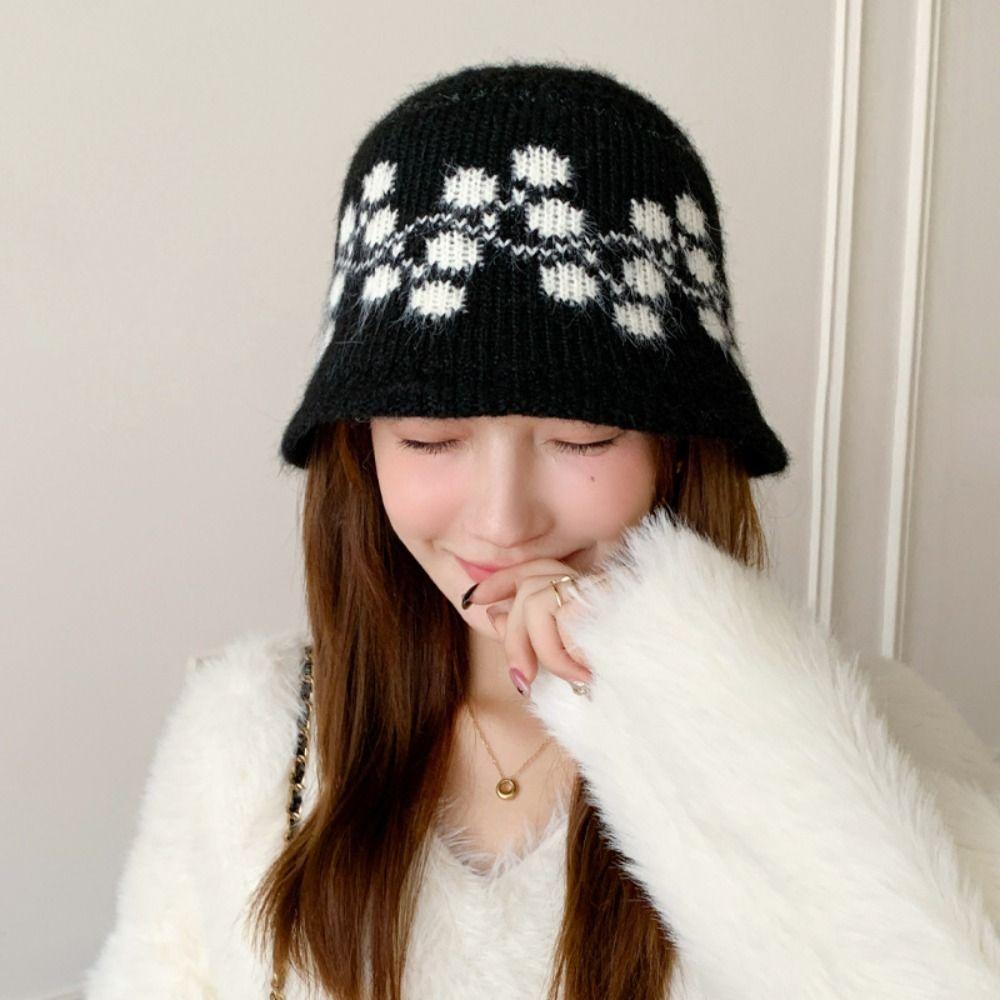 Sweet Floral Knitted Bucket Hat Retro Warm Fisherman Hat Jacquard Woolen Hat  Autumn and Winter