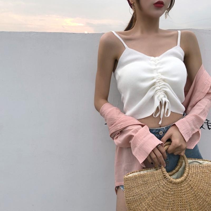 FINETOO Trendy Drawstring Camisoles Women Candy Color Sleeveless Tops Comfortable Tanks Ladies Soft Top Streetwear Camisole 2022