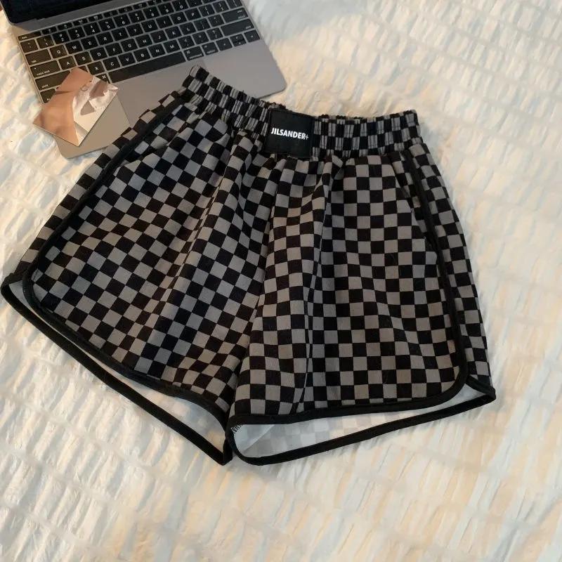 Elastische Taille Plaid Shorts Frau Koreanische Mode Breite Bein Shorts Frau Casual Einfache Gerade Kurze Hosen Frau Sommer