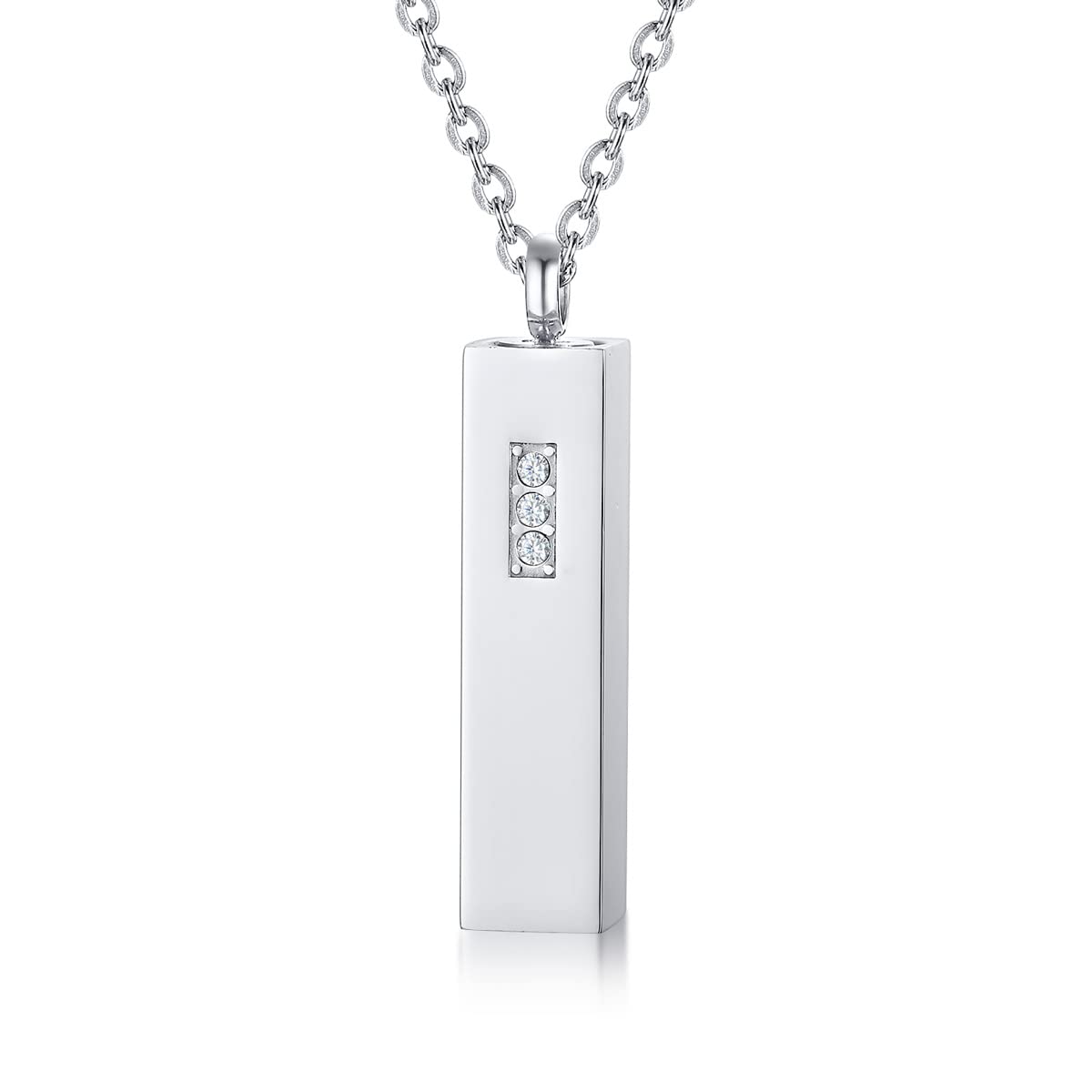 

Rockyu Men s Silver Stainless Steel Memorial Necklace with Three Cubic Zirconia Stones, Cuboid Pendant, Stick-Shaped Urn, Simple Design, Demountable,
