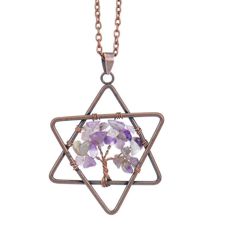 

Vintage Hand-Wound Natural Gravel Crystal Hexagram Tree Of Life Fortune Tree Necklace N31 аметист