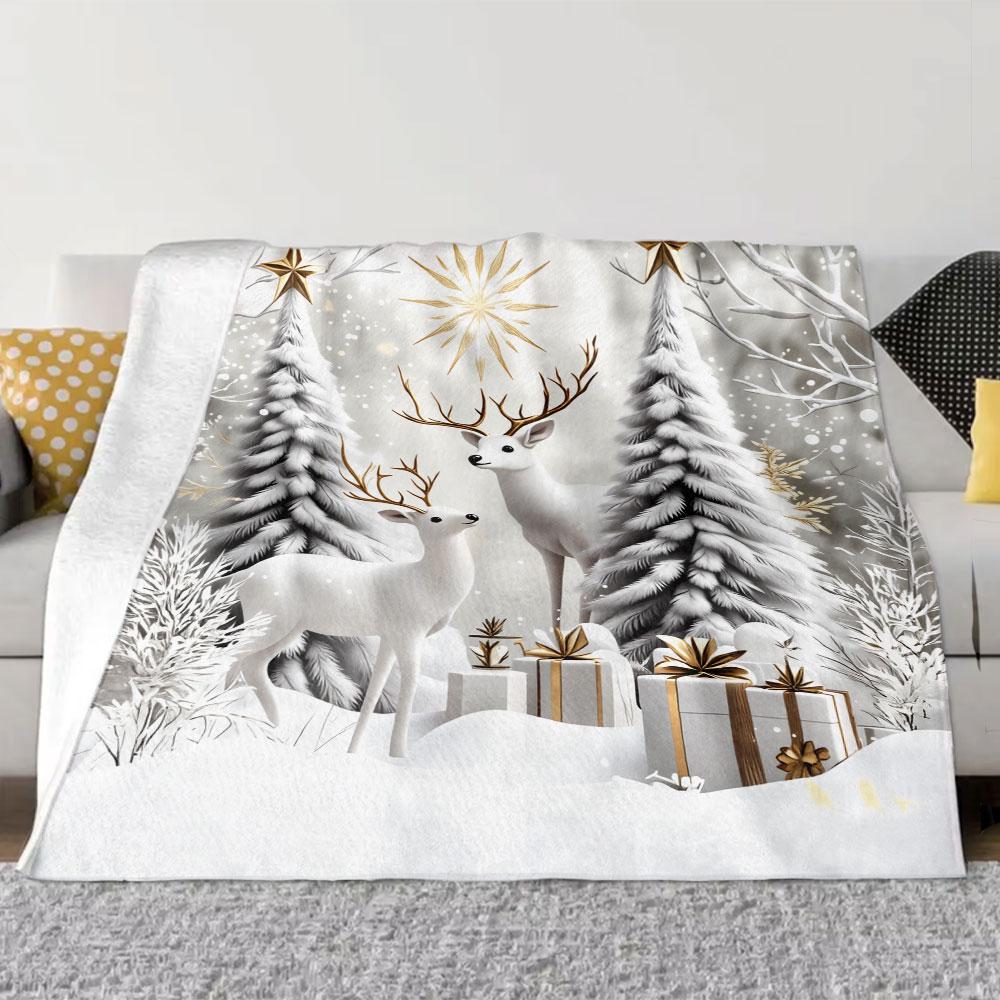 Christmas Winter Wonderland Blanket - Featuring Two White Deer with Golden Antlers, Snow-Covered Evergreens, Golden Sunburst & G