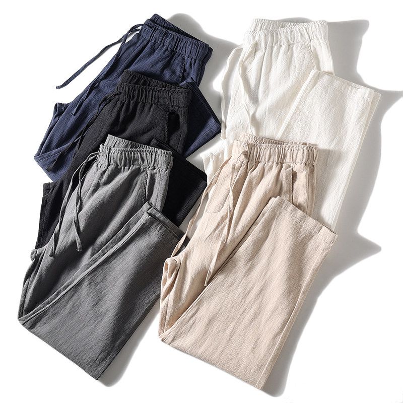 Foreign Trade Export Surplus Natural Ramie Fabric Comfortable Summer Casual Pants for Men with Elastic Waist, Thin Straight-Leg Pants