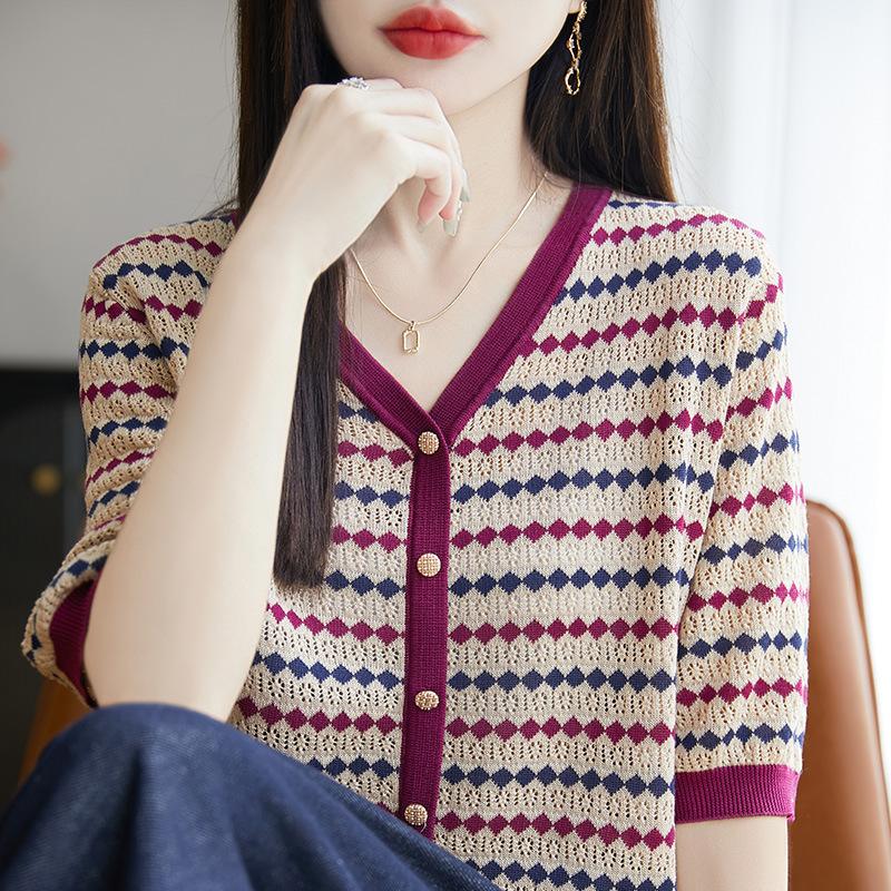 

Летний новый тонкий вязаный кардиган с рукавом пять четвертей и полосками контрастного цвета с V-образным вырезом для женщин XL фиолетовый