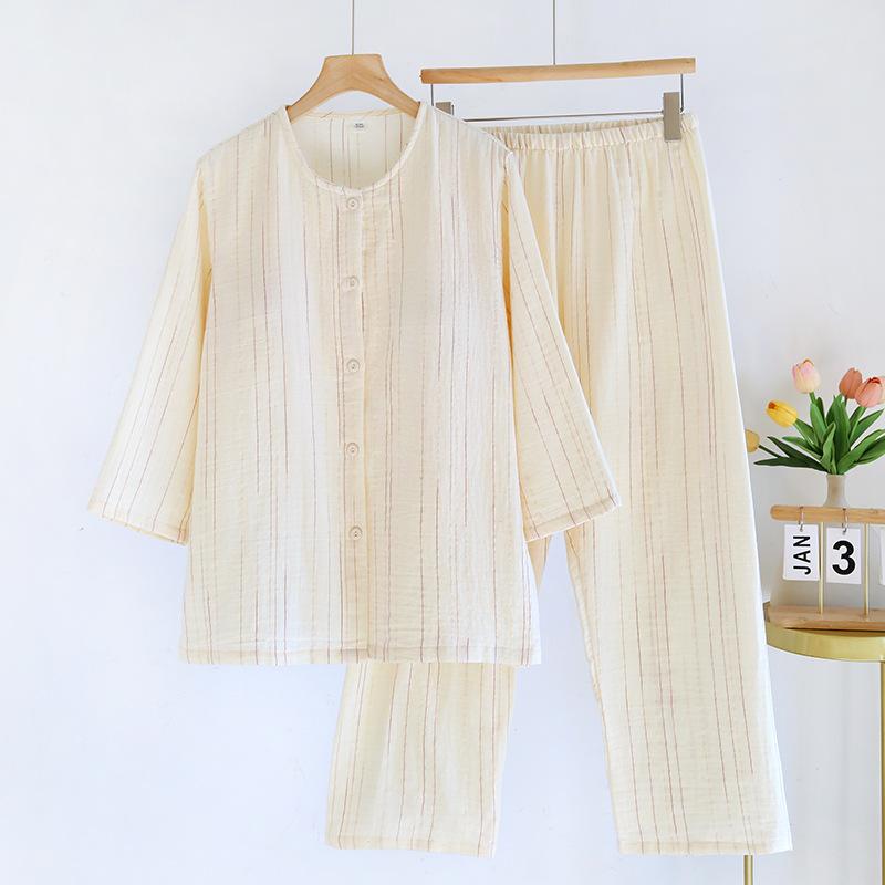 2025 New Spring/Summer Women's Pajama Set 100% Cotton with Chest Mat Long Sleeve Long Pants Round Neck Two Piece Home Clothes
