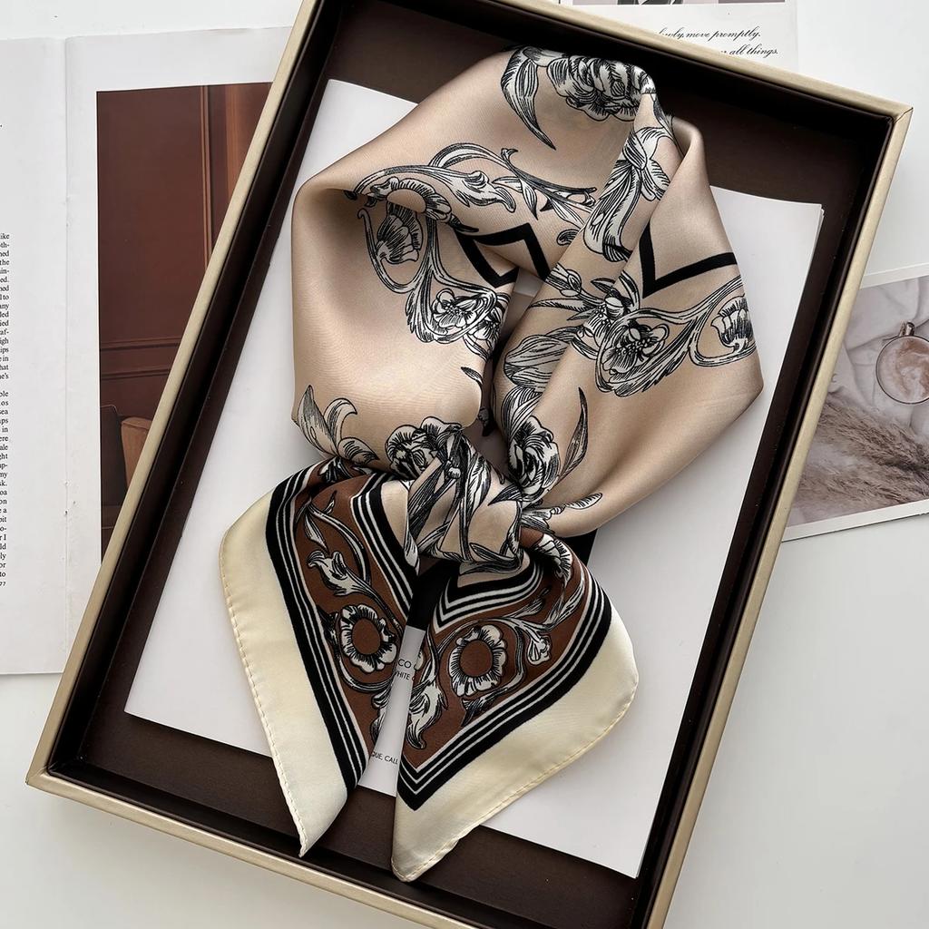 Luxury Satin Scarfs Square Scarf Korean Fashion Kerchief Rose Print Scarves Bandanna Wraps Scarf Decoration Shawl 70*70Cm