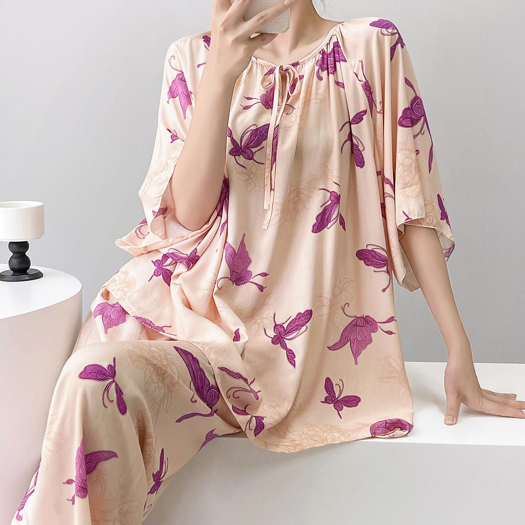 1011 new short-sleeved cotton and silk pajamas for women's summer thin printing loose and relaxed loungewear suit