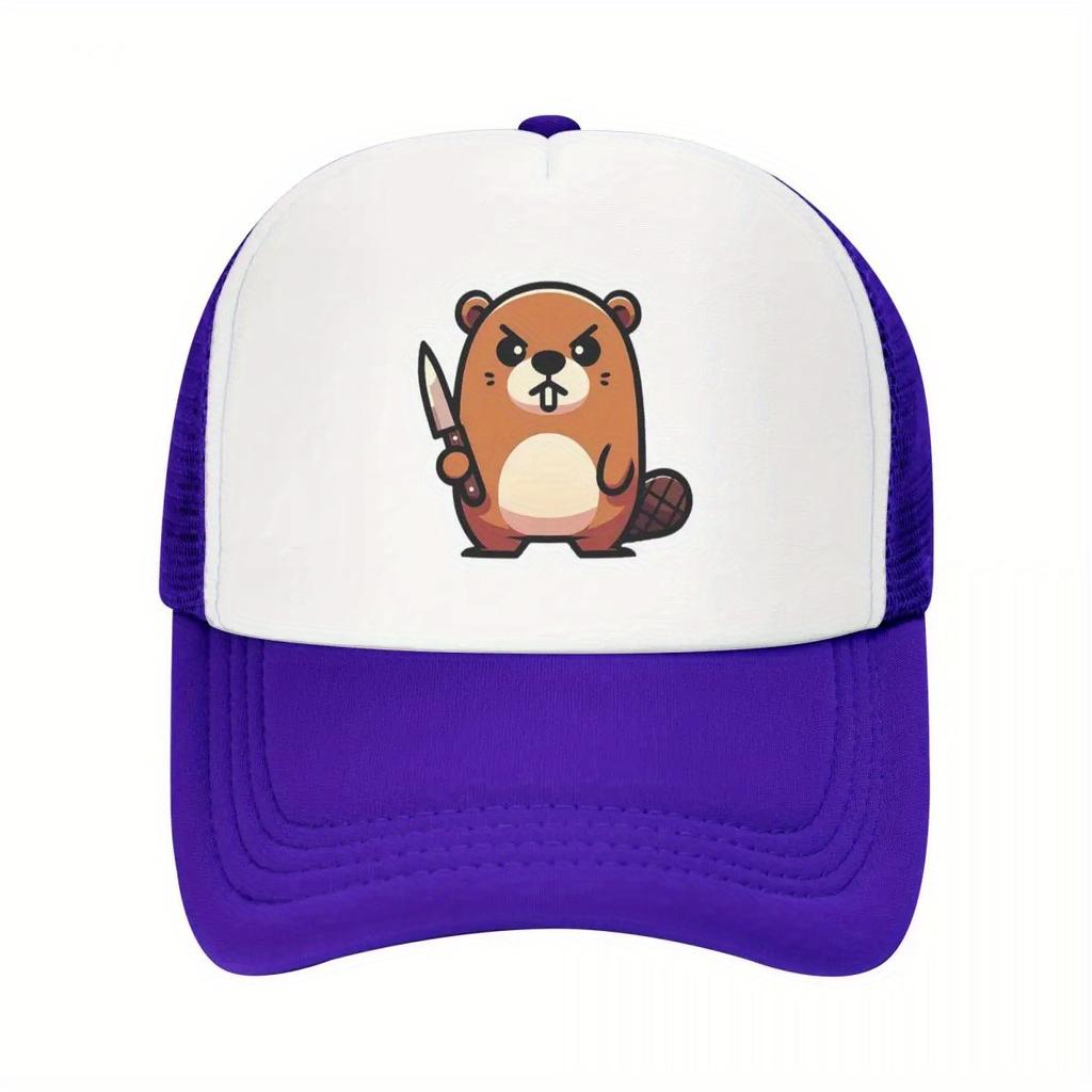 Angry Beaver With Knife Graphic Trucker Cap Polyester Mesh Baseball Hat Adjustable Casual Unisex Headwear