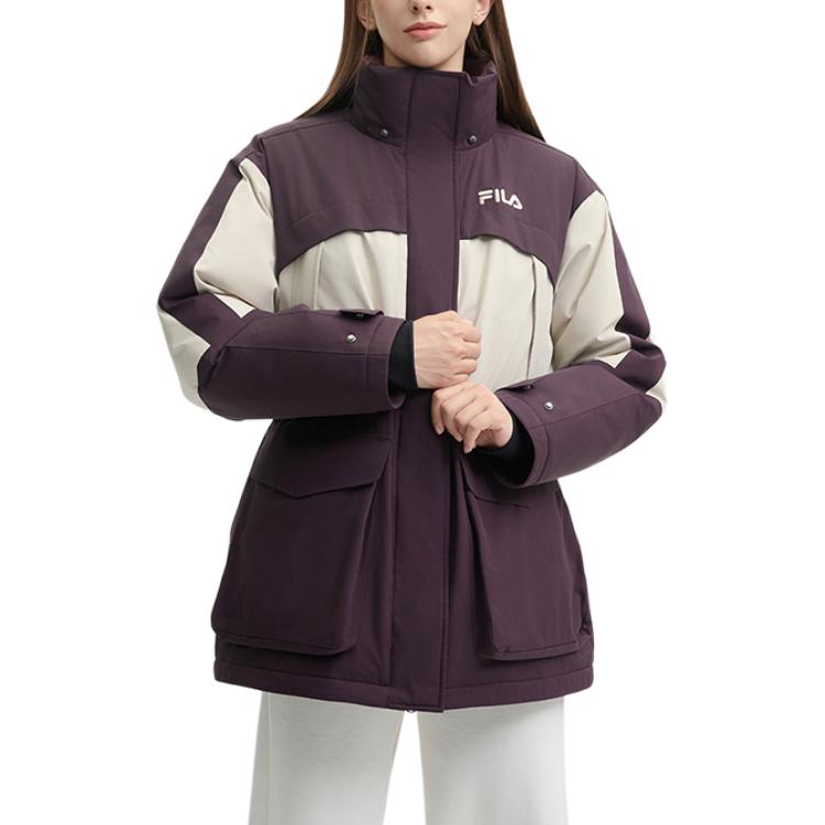 Fila Original Logo Color Block Casual Loose Hooded Parka Down Jacket Women Outerwear Tan-Brown F51W449903F-BN