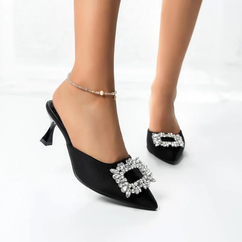 Summer New Women Slippers Sexy Pointed Toe Rhinestone High Heels Woman Slip on Heeled Mules Fashion Banquet Women Wedding Pumps
