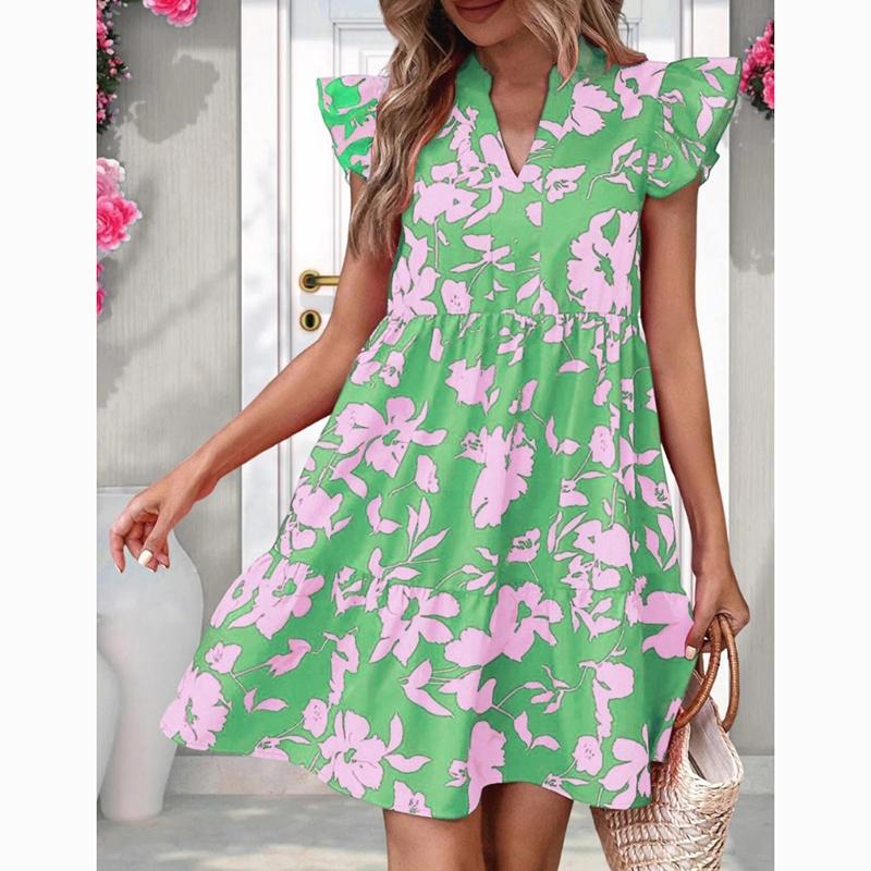 Spring Summer Ruffled Sleeve V-Neck Sexy Dress Women Loose Waist Printed Floral Short Dress Woman Fashion Vintage Elegant Casual Dresses 24515