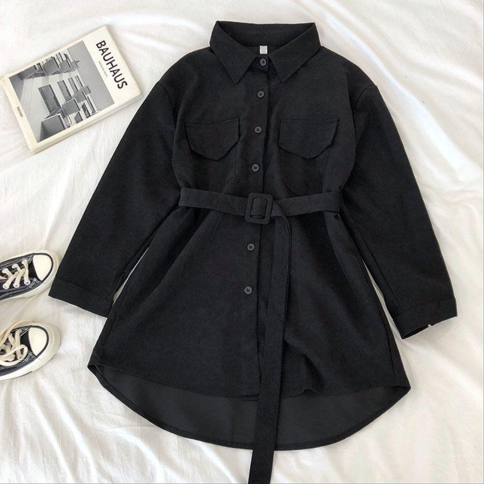 Women's Corduroy Belted Single-Breasted Shirt Dress - Chic Korean Style, Loose Mid-Length for Spring/Autumn 2025