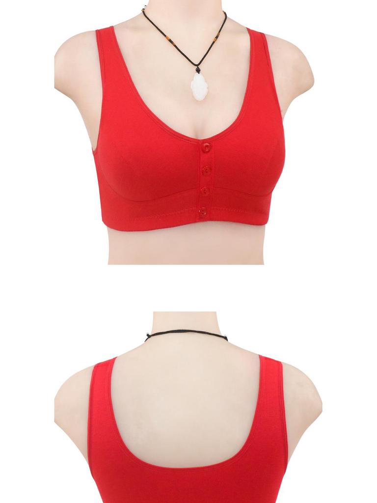 Front Button Cotton Bra for Middle-Aged & Elderly Women - Plus Size Vest Style, Solid Color.