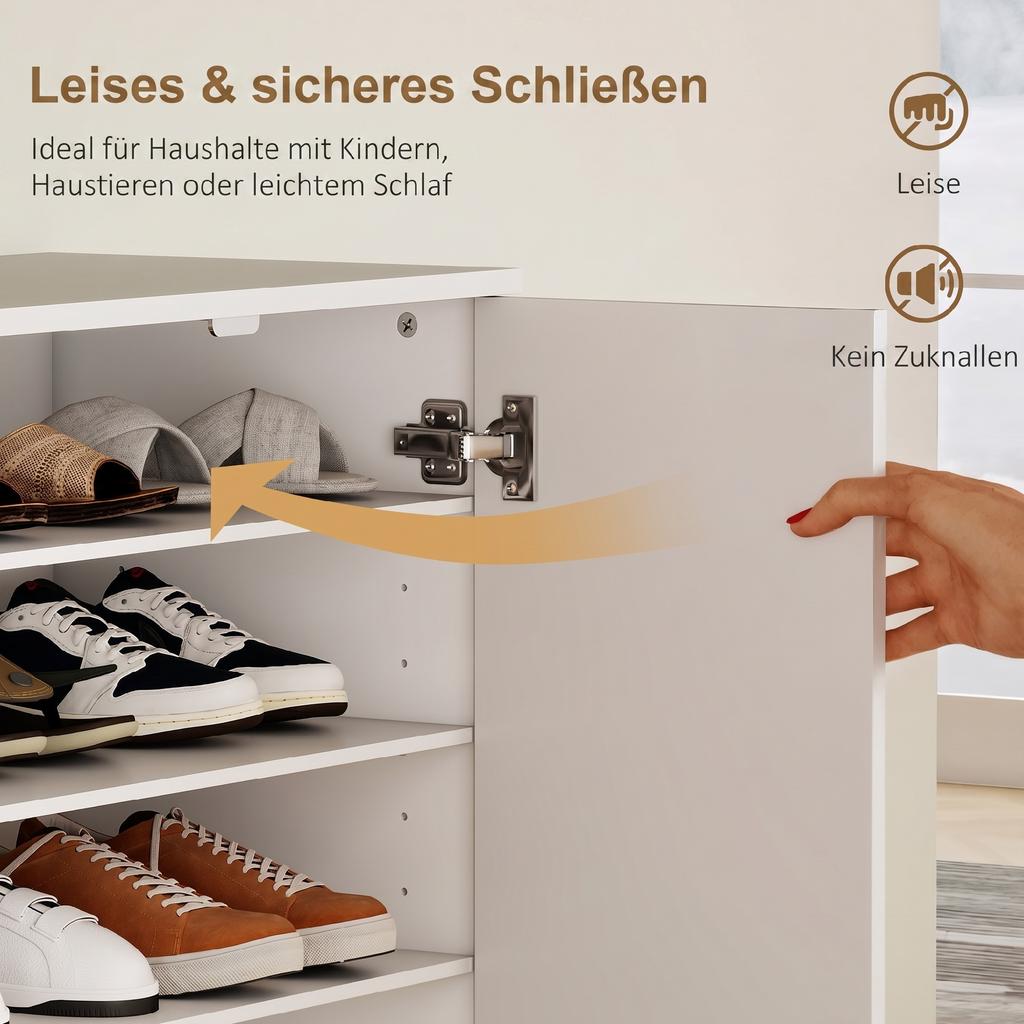 Shoe Cabinet with 2 Doors, 6 Adjustable Shelves, Soft-Close Hinges for 21 Pairs, White