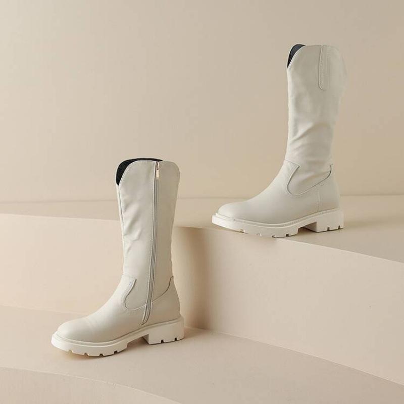 Autumn and Winter Round Head Medium Heel Large Size Fashion Boots Women's Square Heel Solid Color Side Zipper Thick Bottom Non-slip New Round H