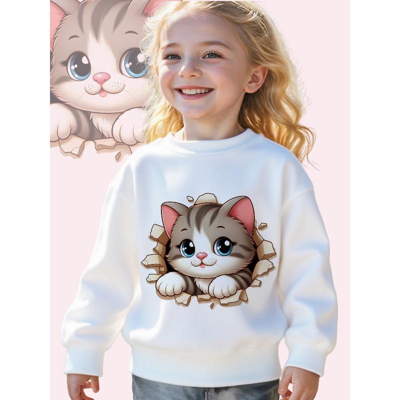 European Size Girls & Boys Cute Kitten Cat Print Sweatshirt - Soft White Winter Pullover with Tabby & Tuxedo Cat Design, Loose Fit Long Sleeve