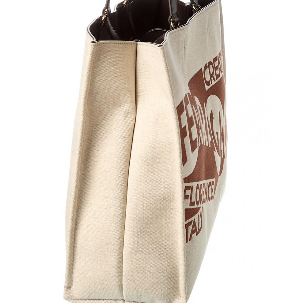 Salvatore Ferragamo Ferragamo Logo Large Leather Trim Tote Beige