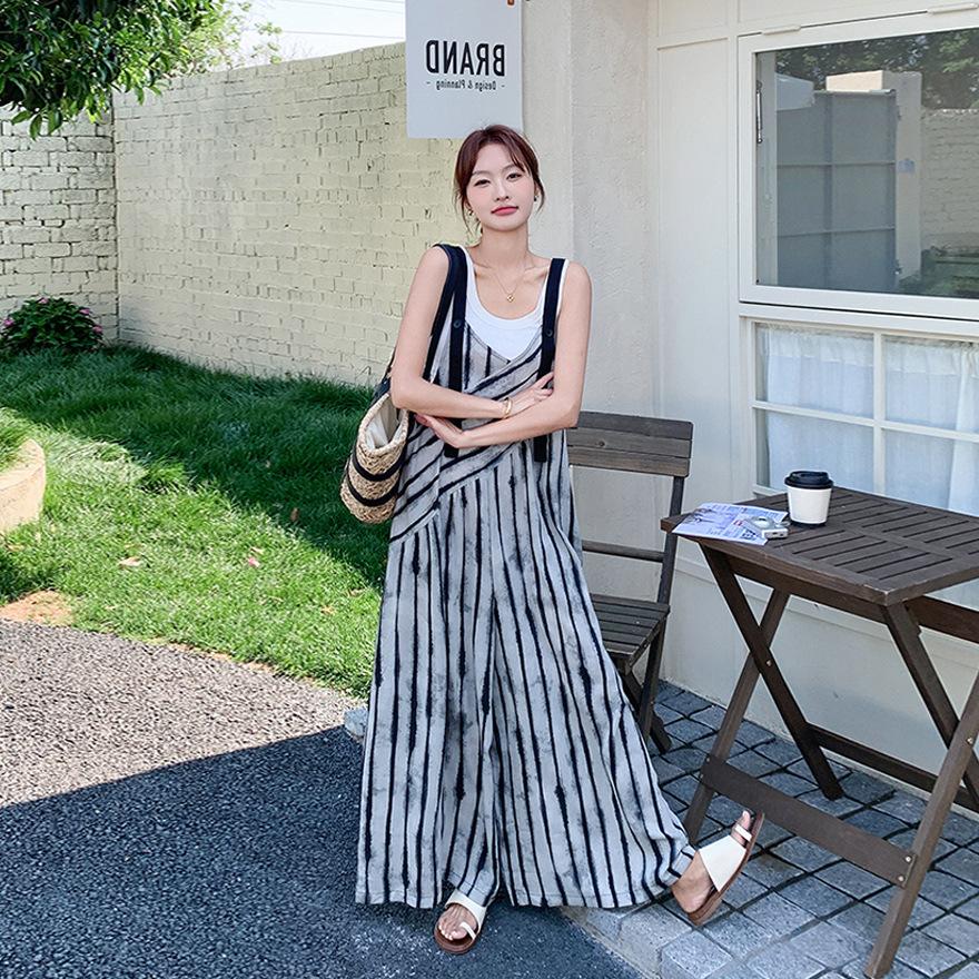 

Ленивый стиль дизайн мазок принт полосатый комбинезон женский лето новый модный повседневный широкие брюки XL