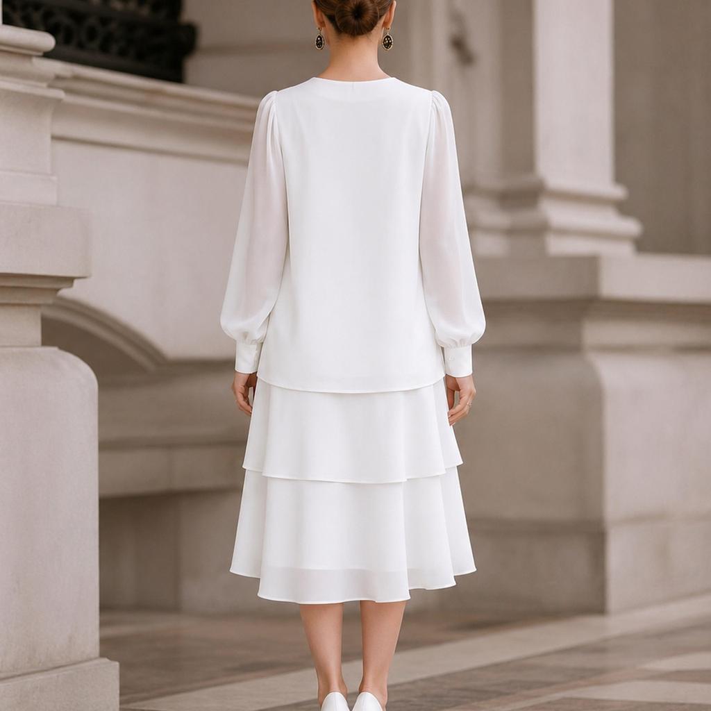 Women's Puff Sleeve Round Neck Dress for Elegant Casual Wear