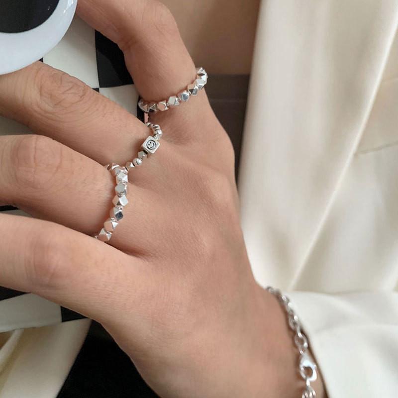 S925 Silver Stunning Geometric Open Adjustable Ring For Women With Elegant Smiley Design Face