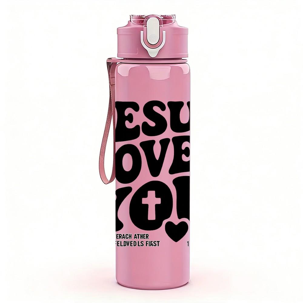 1PC Jesus Loves You Letter Art 750ml Color Plastic Sports Water Bottle Leakproof Flip Straw Lid Suitable for Sports Office Home Use
