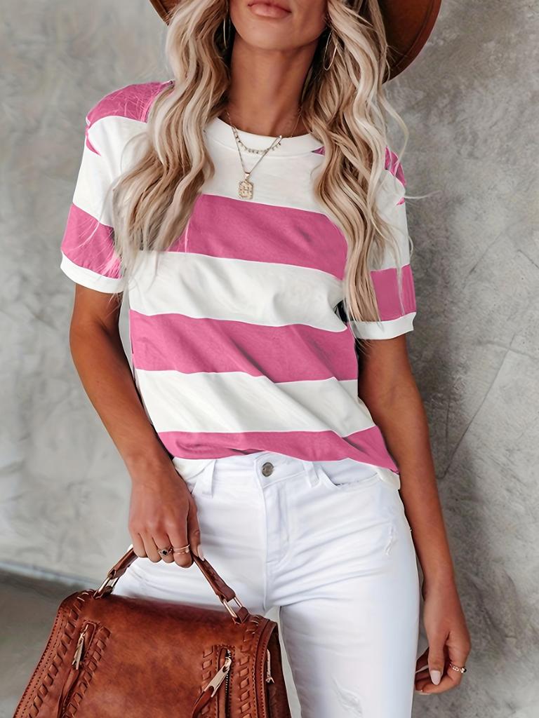 Women's Summer Striped Print Round Neck Casual T-shirt