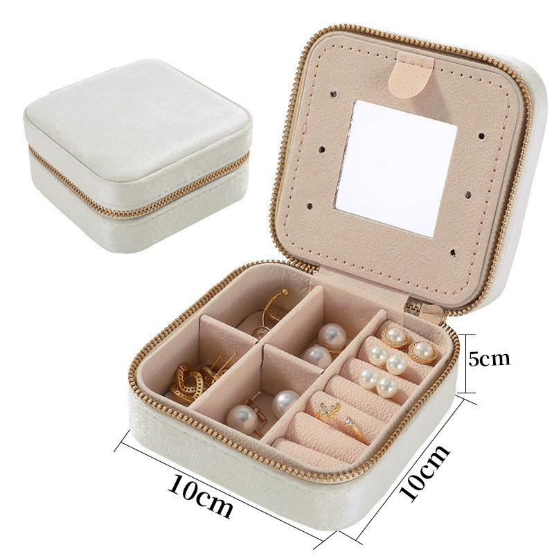 Portable Double-Layer Velvet Jewelry Box with Mirror and Zipper for Earrings and Rings
