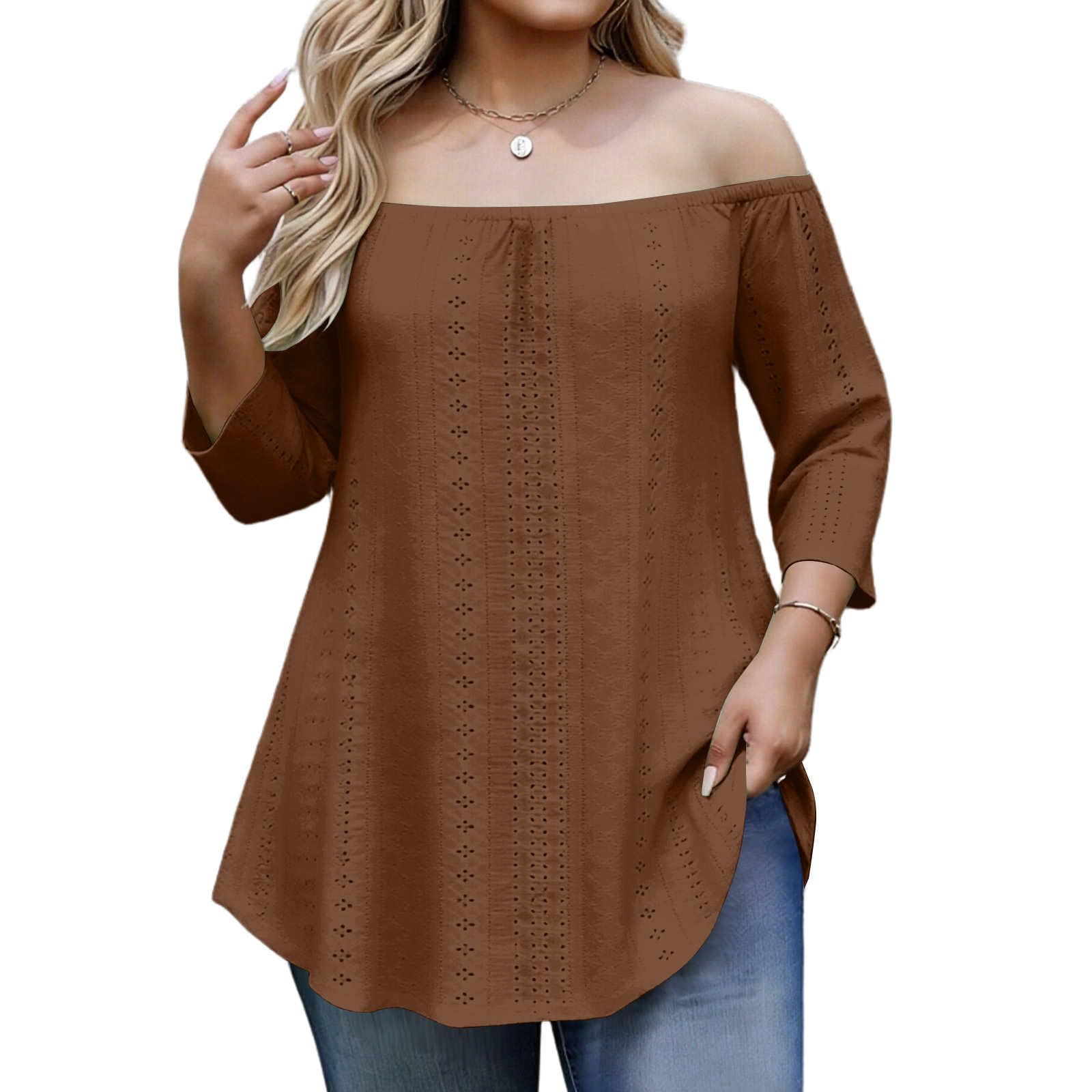 

Women Dressy Off The Shoulder Plus Size Blouse Loose Fit Casual Going Out Tops 3/4 Sleeve Tops XL коричневий