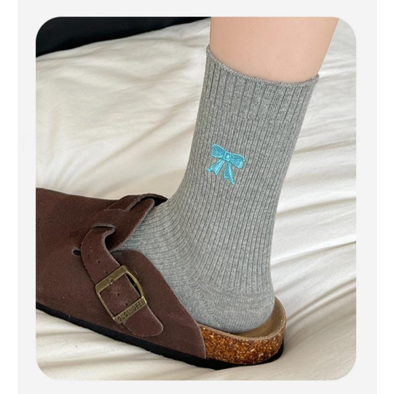 Bow Socks for Women, Autumn Style Cotton Socks, Retro Mid-calf Socks, Solid Color Women's Socks, Mid-calf Pile Socks