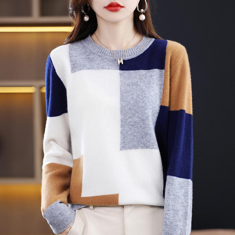 Women's Color-Block Wool Sweater: 2025 Autumn/Winter Thick Round Neck, Loose, Fashionable & Comfortable Knitwear