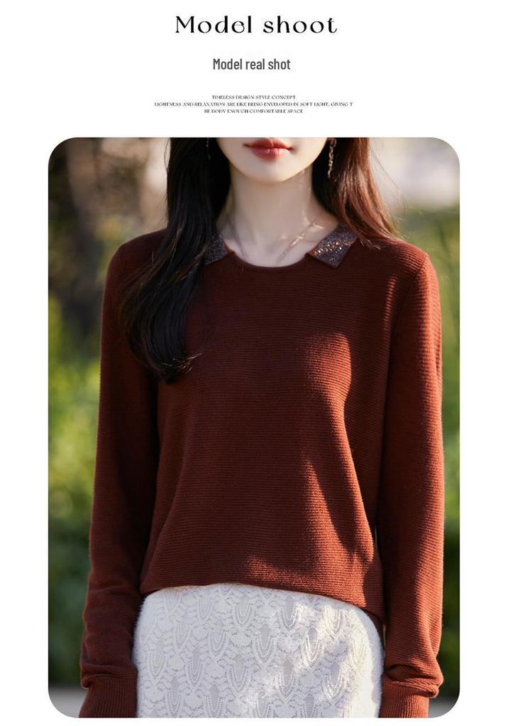 Small Lapel Fine Wool Knitted Pullover Sweater for Women - 2025 Autumn/Winter Collection, Solid Color, Loose Fit, Base Layer