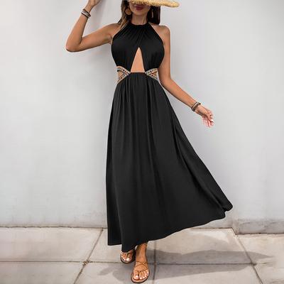 Robe à col sans manches Vêtements européens et américains pour femmes Bretelles ajourées Robe de vacances à la taille marquée