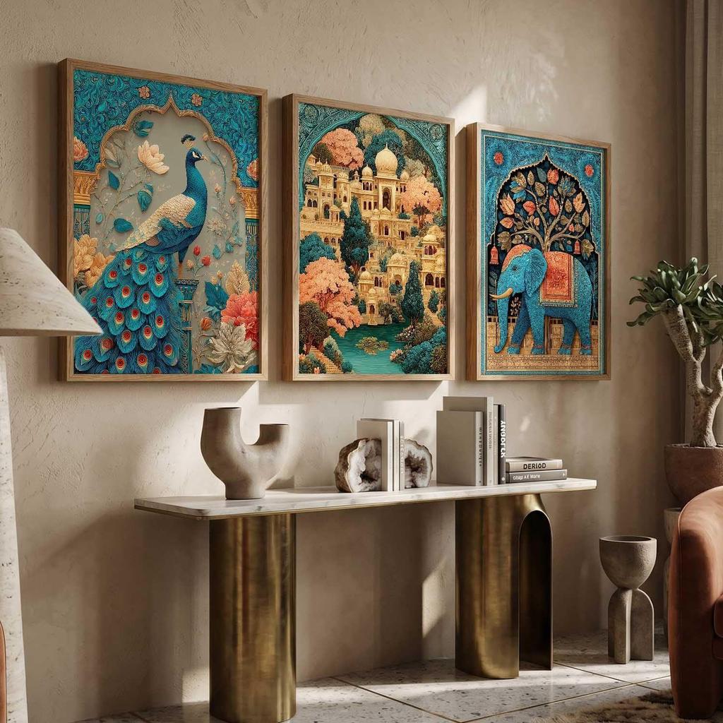 Kotart Madhubani Art Wall Painting Traditional Home Decoration With Frame For Living Room Bed Room Hotel Wall Decor Digital Reprint Set of 3