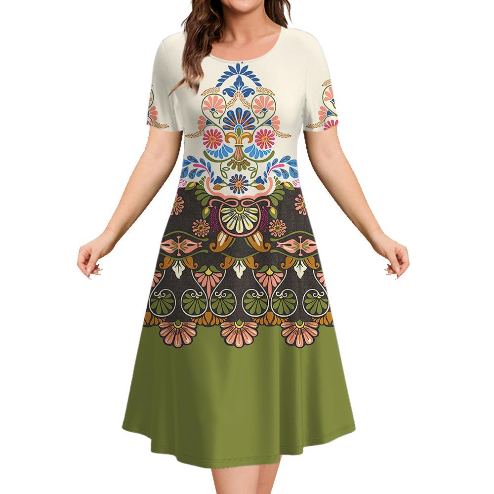 Ethnic Style Women's A-line Skirt Summer Fashion Casual Dress Flower Clothes Ladies Loose Casual Round Neck Dress
