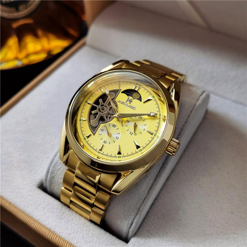 Novo Relógio Masculino Luminoso à Prova d'Água Sol, Lua e Estrelas Multifuncional Totalmente Automático Mecânico para Estudantes Homens