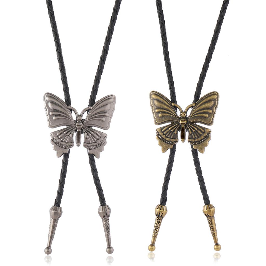 Western Bolo Tie With Alloy Butterfly Pendant Adjustable Leather Cord Necktie Necklace For Cowboy Rodeos Event Accessory