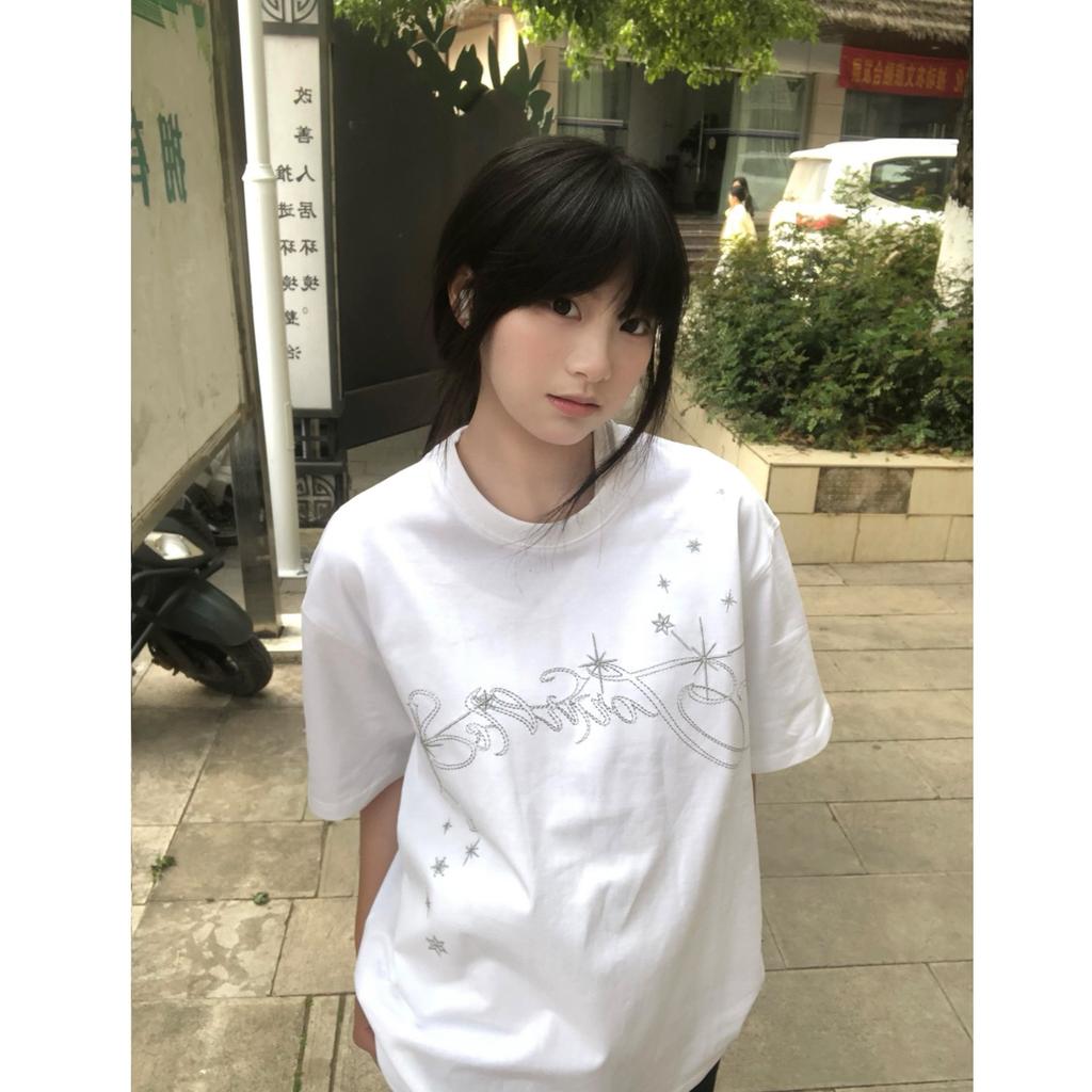 New cotton embroidered design t-shirt women's summer short-sleeved front shoulder white lazy couple top
