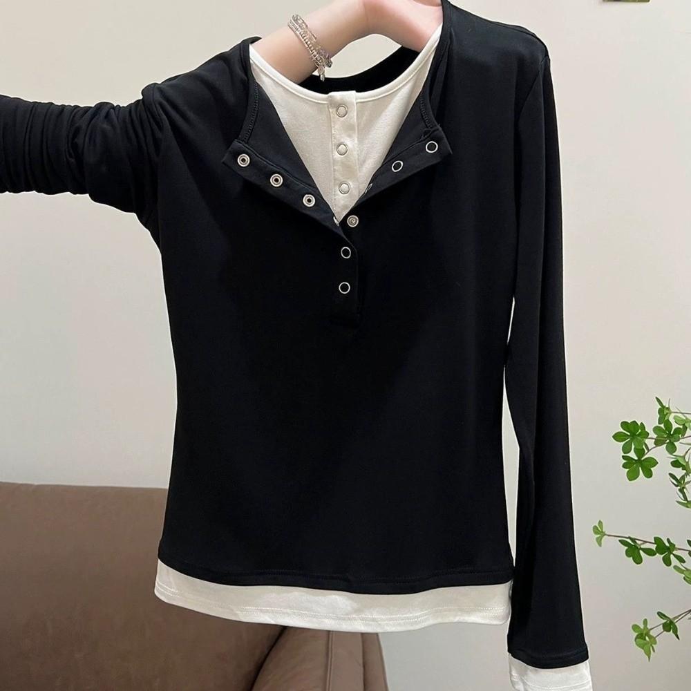 Patchwork Fake Two-Piece T-Shirt V-Neck Women's Layering T-Shirt Long Sleeve Top Spring Season