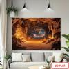 2D Primitive Cave Interior Tapestry Ancient Campfire & Lantern Background Cloth