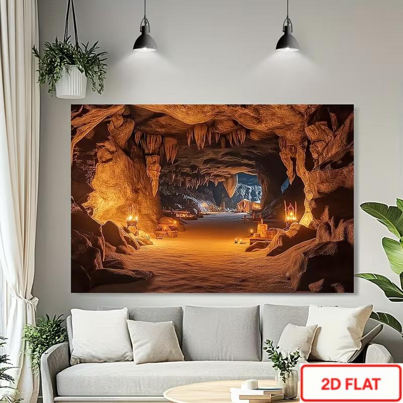 2D Primitive Cave Interior Tapestry Ancient Campfire & Lantern Background Cloth