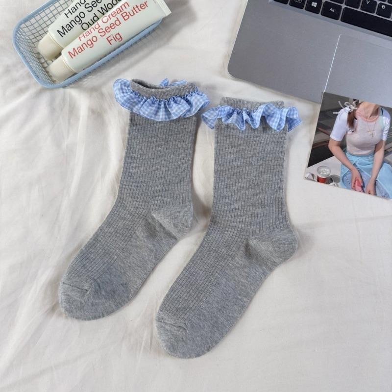 Ladies Spring and Summer Cotton Lovely Lace Stitching Breathable Mid Cylinder Pile Pile Stockings