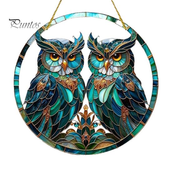 Indoor Outdoor Ornament Double Owl Suncatcher Window Hanging Ornament, Stained Glass Style Circular Wall Sunlight Shadow Display Decor, Green Art for