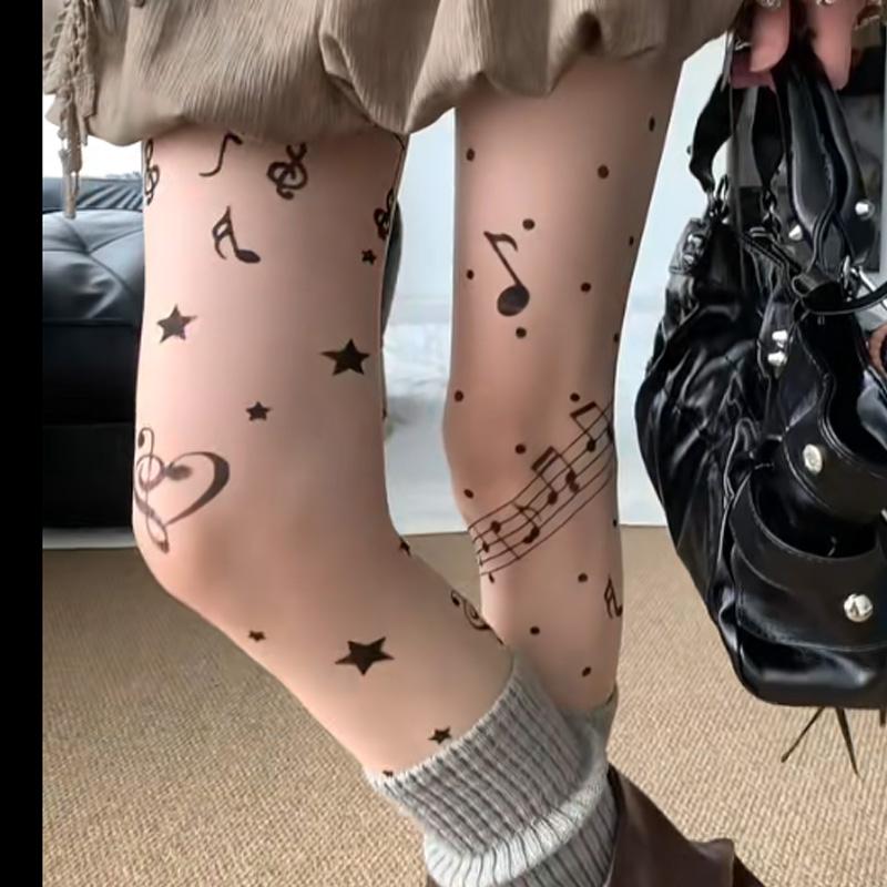 Módní Punčochové Kalhoty s Potiskem Hudebních Not Dámské Sladké Cool Tenké Vysoce Pružné Ponožky Lolita Jk Punčochy Punčochové Zboží Punčochy na Hudební Festival