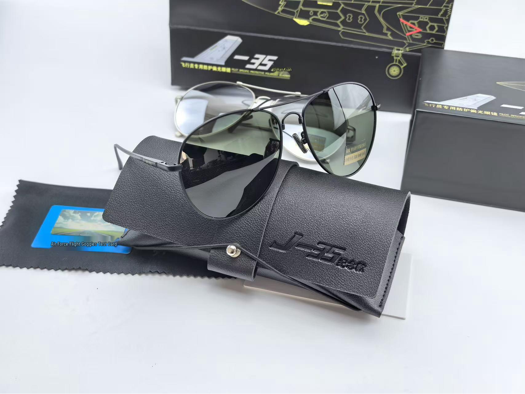 

J-35 Commemorative Polarized Aviator Sunglasses with Bendable Bridge Memory Frame With Pouch Box, Cleaning Cloth, Test Card
