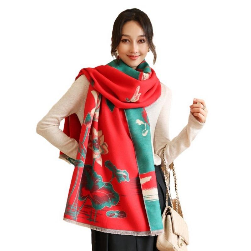 Elegant Lotus Shawl Women's Autumn and Winter New Imitation Cashmere Jacquard Scarf Fashionable and Elegant Warm Thickened Scarf