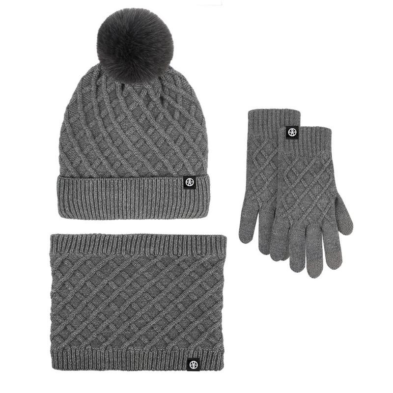 Winter warm hat, scarf, gloves three-piece set, plush outdoor hairball knitted hat, cold-proof scarf three-piece set