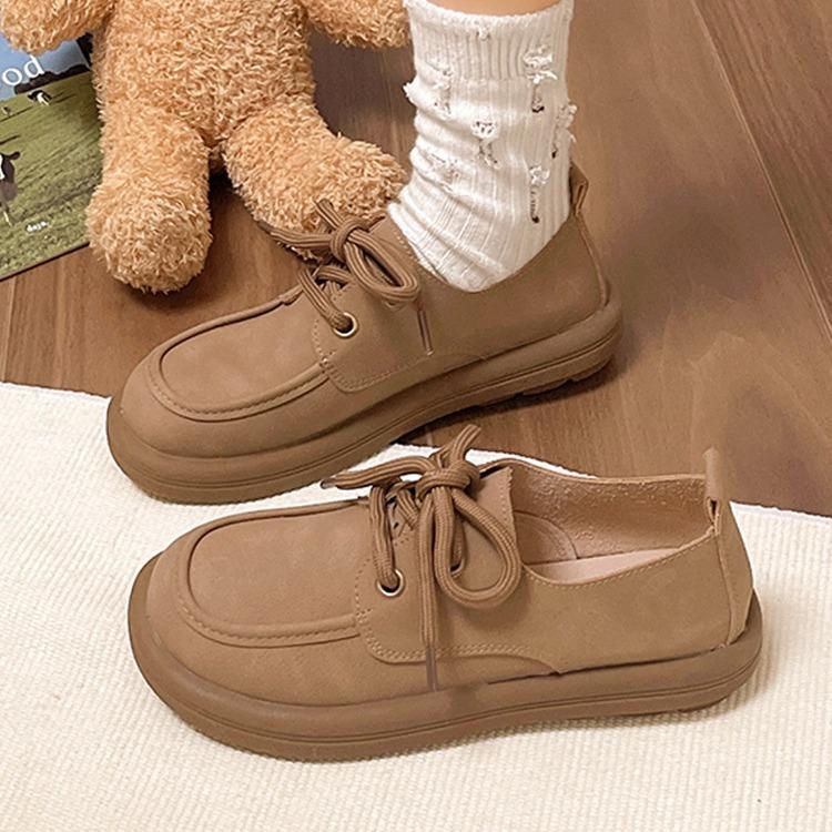 Lace-up small leather shoes women's spring new British style casual soft-soled loafers versatile Doudou single shoes women's shoes